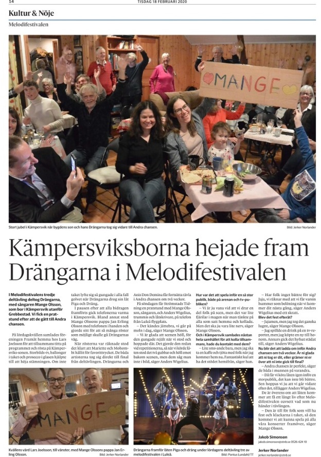 Glädje i Kämpersvik då Drängarna gick till Andra Chansen. Artikel från Strömstads tidning.